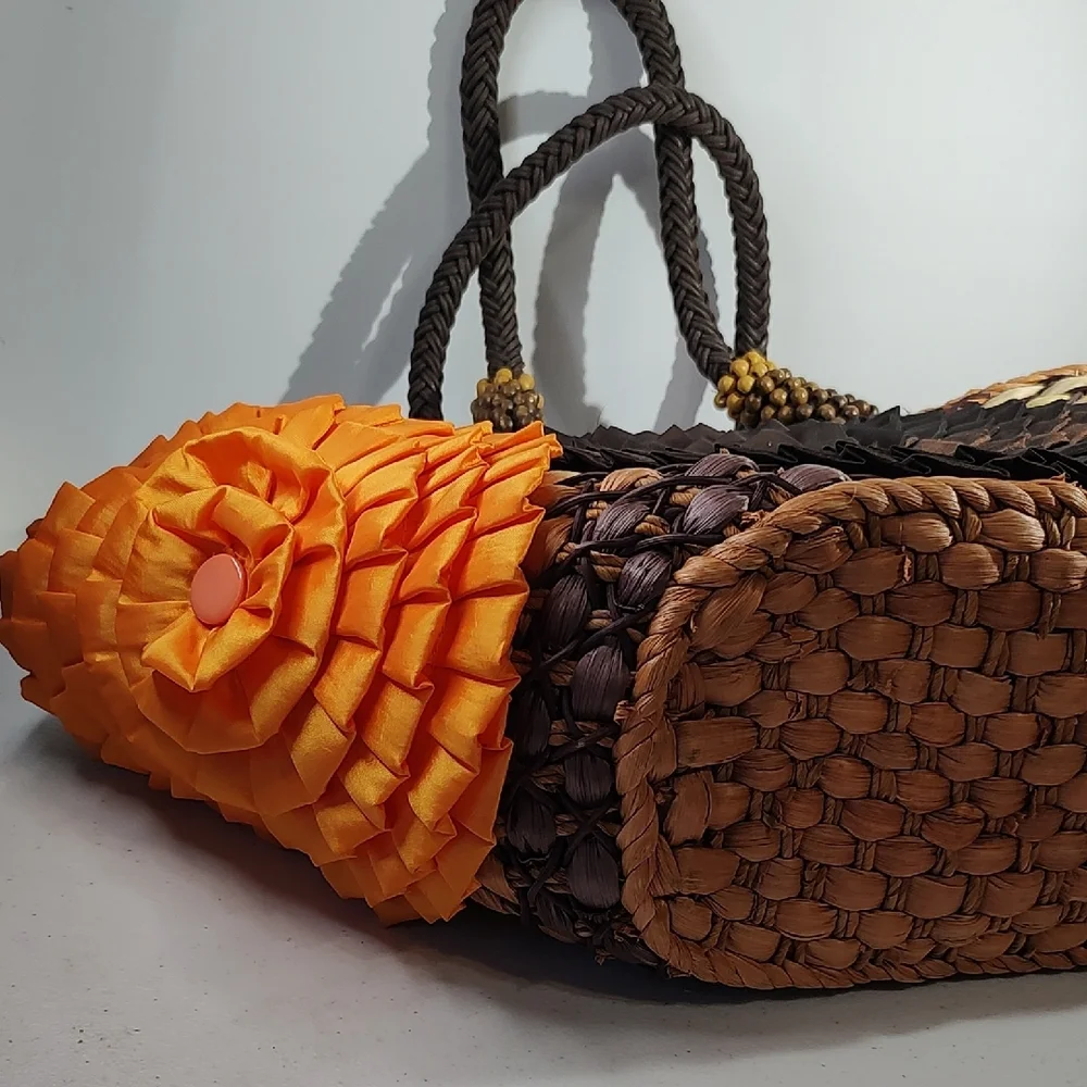 Chico's Brown and Orange Tote with Rosette Accents - Picture 12 of 16